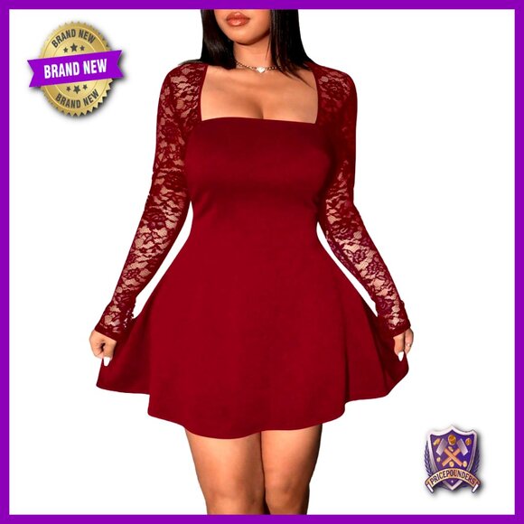 Dresses & Skirts - Plus Size Long Sleeve Lace Sheer Square Neck Mini Dress A-Line